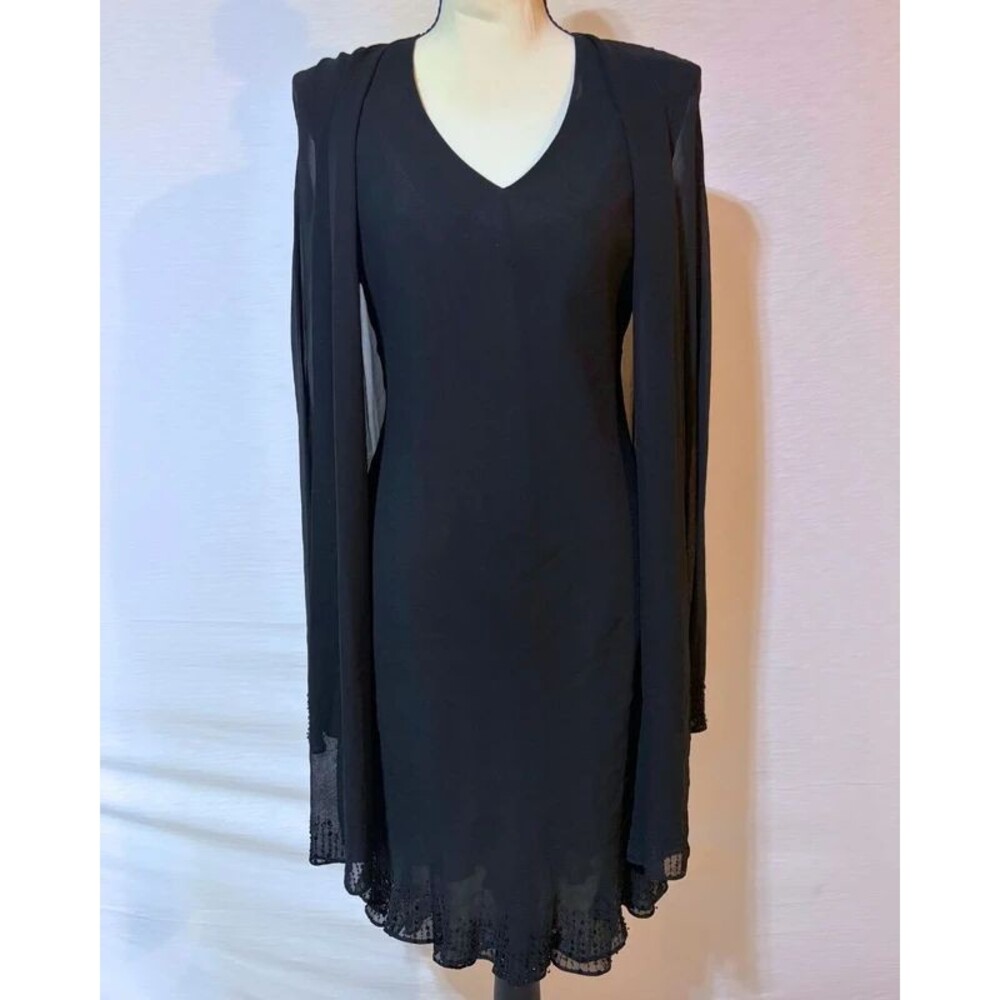 Jones New York 100% Silk Black Dress Size 4 Chiffon Cape Flowy Sleeves